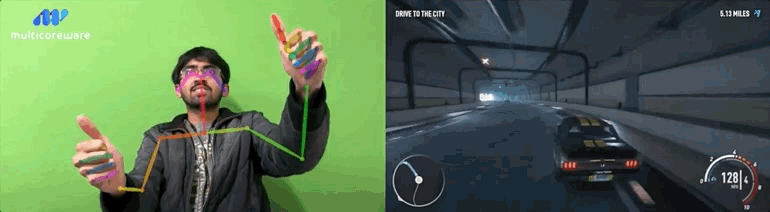 Gesture Controlled game shows a man driving a car in-game without hardware. His hands are racked using Human Pose Estimation that outputs turning of a steering wheel. 