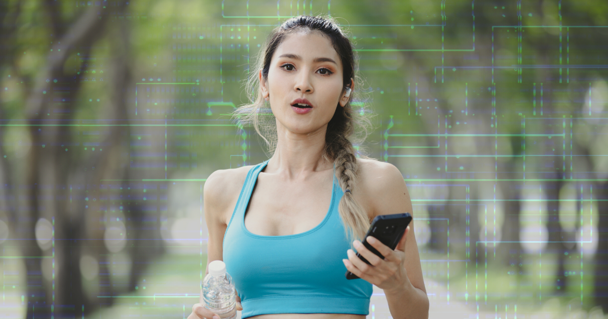 Vision AI in Fitness apps - image shows a female runner using a fitness app with AI