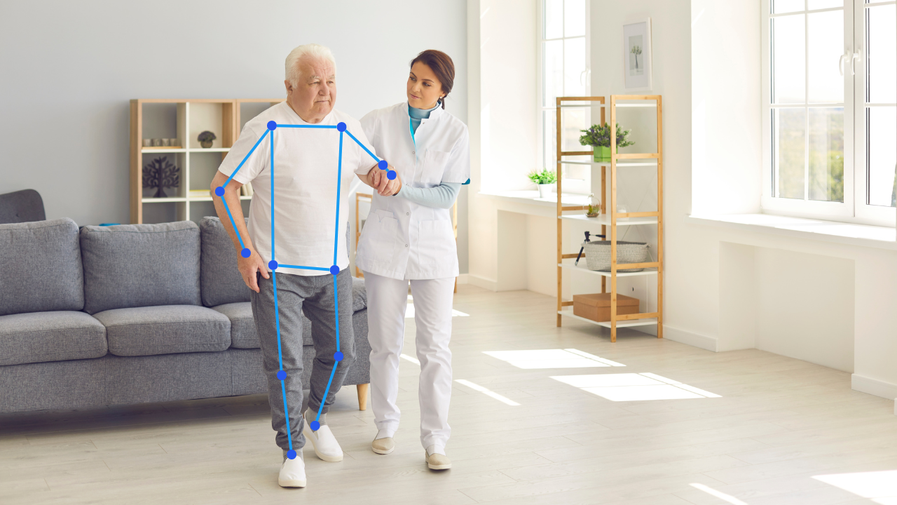 Image shows an elderly patient in health care facility with Human Pose Estimation vision ai overlay