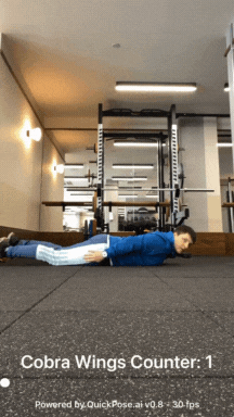 Image shows AI Cobra Wings Counter on the screen. A man is lying on his front on the floor of a gym. His arms are raised off the floor, as he moves his arms together to his hips and then in front of his head, the AI cobra wings counter counts one repetition of this exercise.