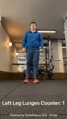 Image shows AI Lunge Counter counting lunges of the left leg. The GIF shows a man standing up facing the camera, he performs a lunge by stepping forward one step with his left foot. The AI lunge counter automatically recognises this exercise and counts the rep. The man returns to standing.