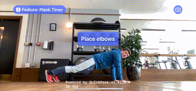 GIF shows a plank timer activated automatically with AI