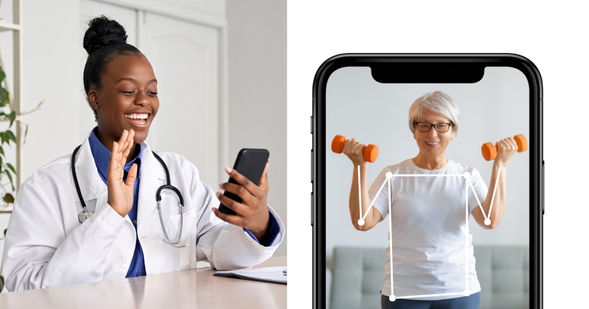 Image shows a health startup on video call with a patient using AI joint mobility assessment. This uses image annotation API