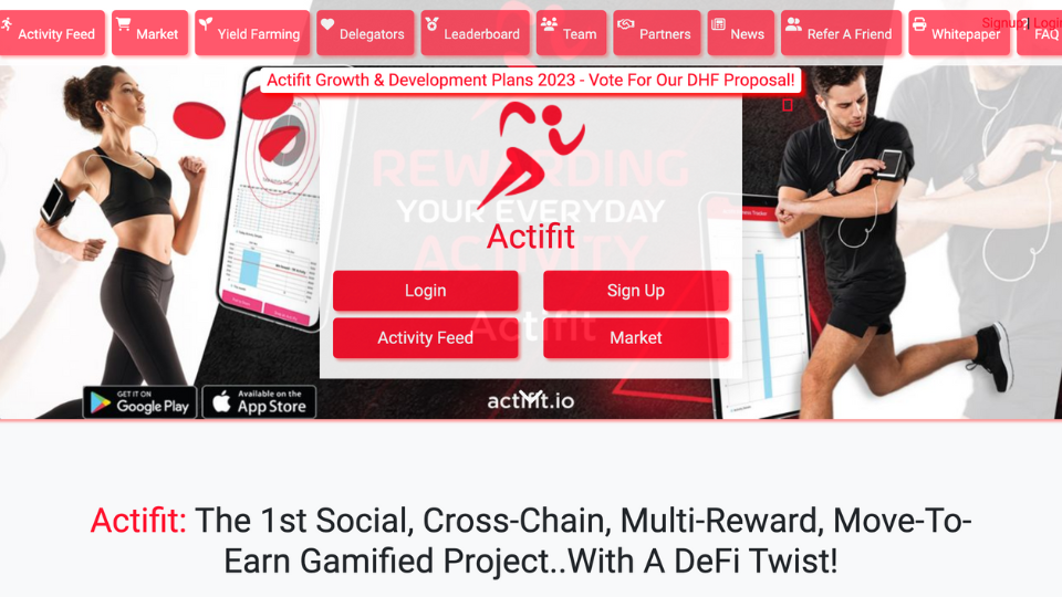 Image shows landing page of Actifit. A wman and woman are running, the web page has a page on Yield Farming. The first social, cross-chain, Multi-Reward, Move-to-earn Gamified Project with a DeFi twist. 