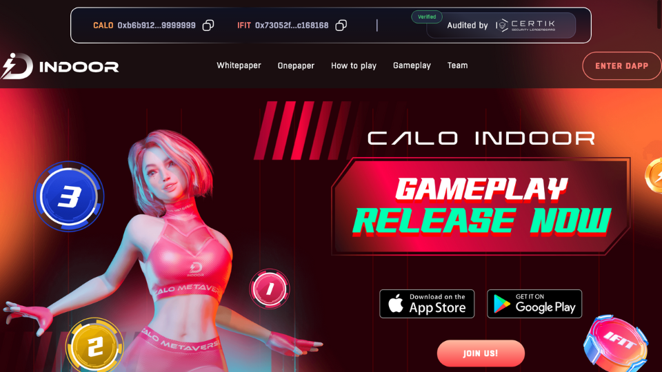 Image is the landing page of Calo-indoor. it shows a CGI Gym girl in the metaverse in workout clothes with text saying GamePlay Release Now. 