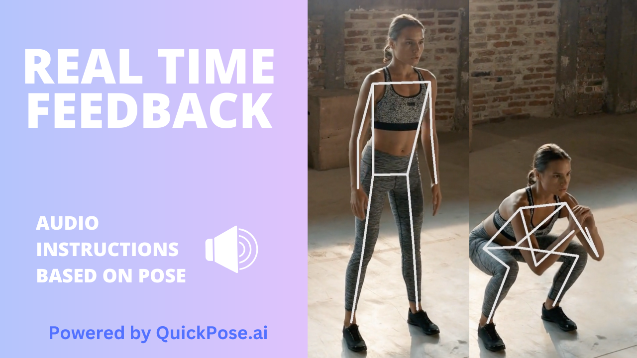 Image shows a fitness app user standing up then going into squat position. Real time feedback for pose estimation
