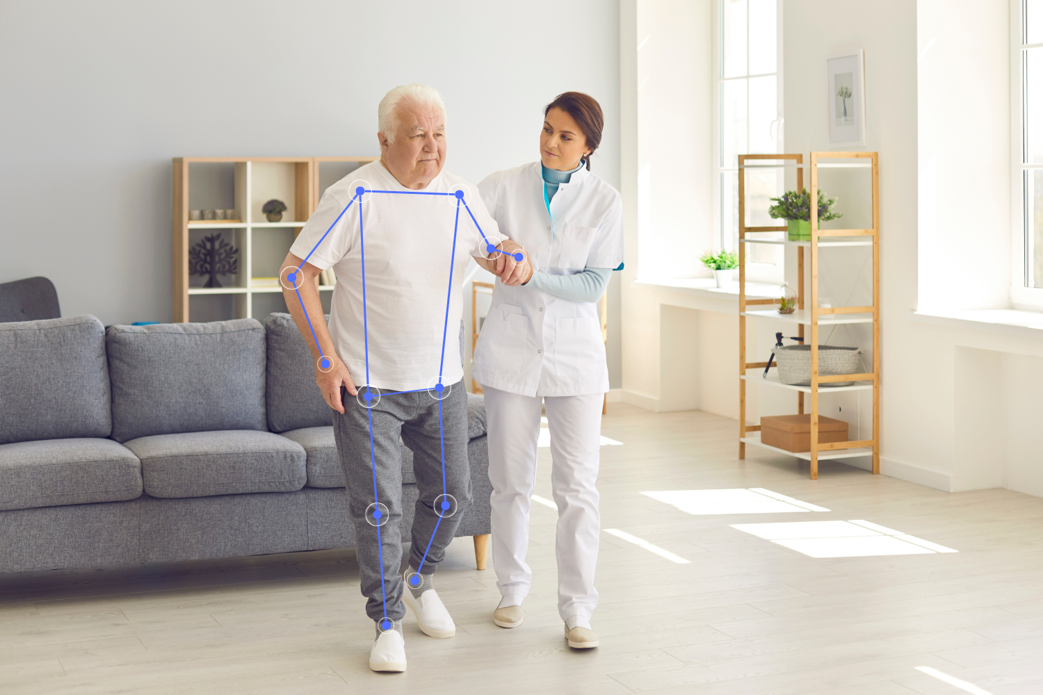 Image shows an elderly man with chronic joint issues which are monitored using pose estimation.