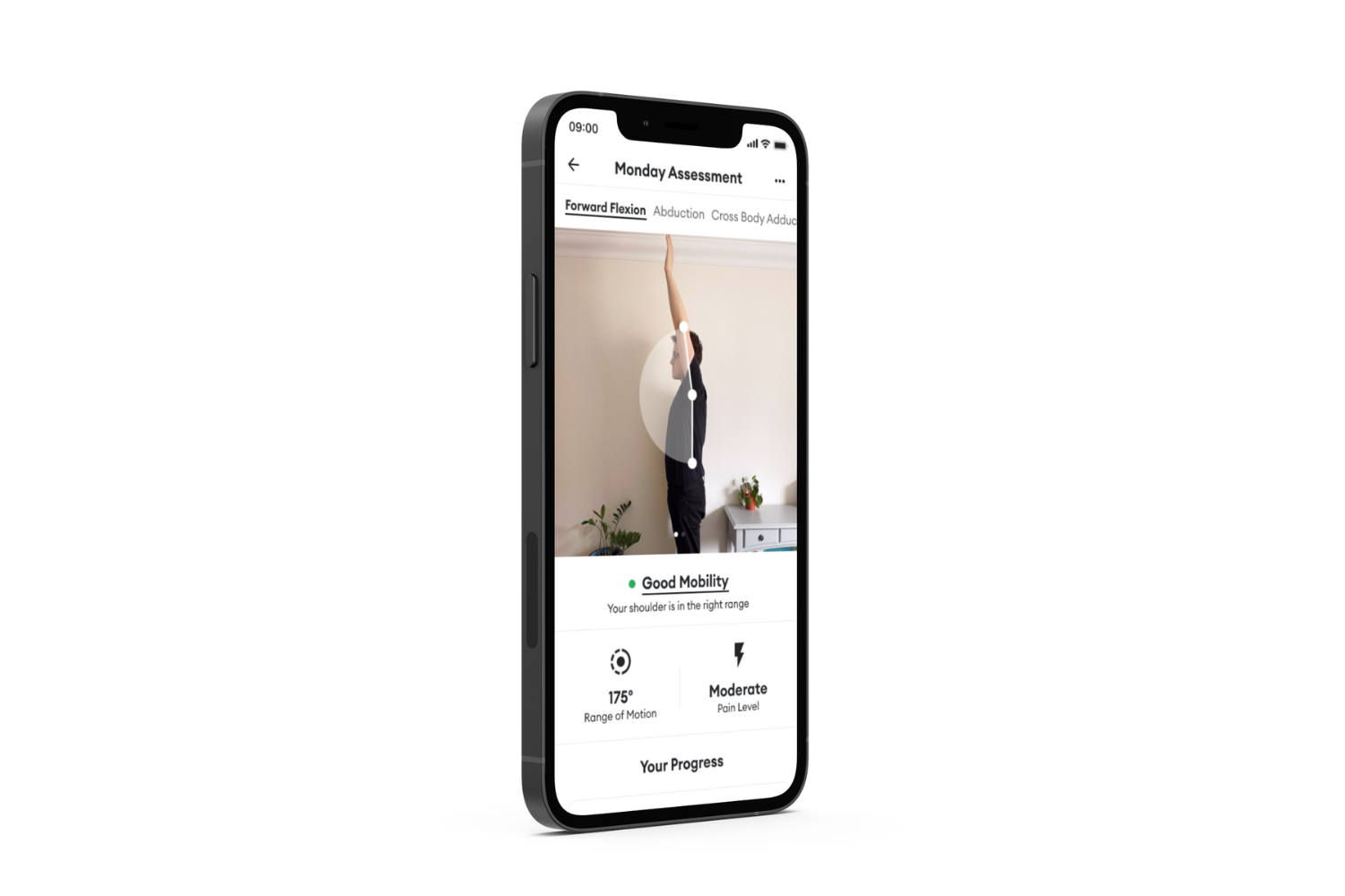 Image shows iPhone with a Health App with QuickPose of a man doing Range of Motion Assessment for the shoulder at home.