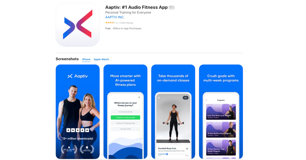 Aaptiv - best AI Fitness app in audio and video category. Image shows Aaptiv on the Apple AppStore