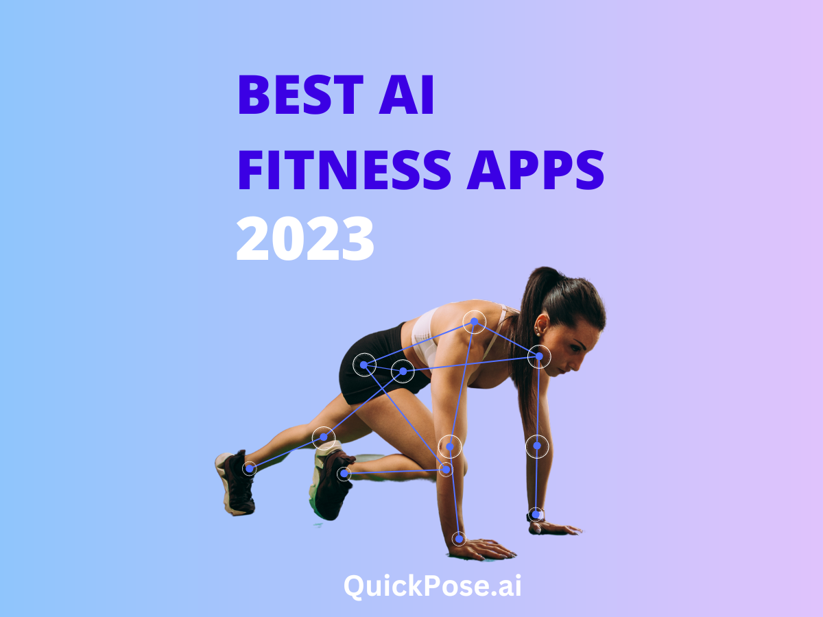 Image shows text Best AI Fitness Apps 2023 with a woman doing a body weight exercise with mediapipe landmarks on her joints