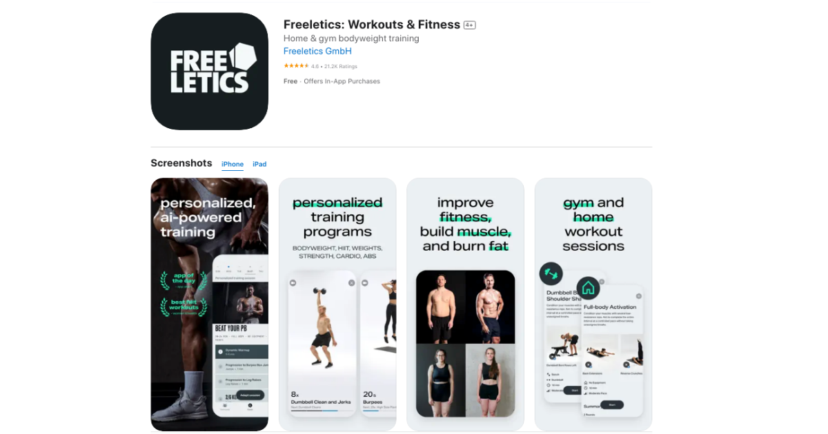 Image shows Freeletics app on the AppStore. Best AI Fitness app for personal training programmes