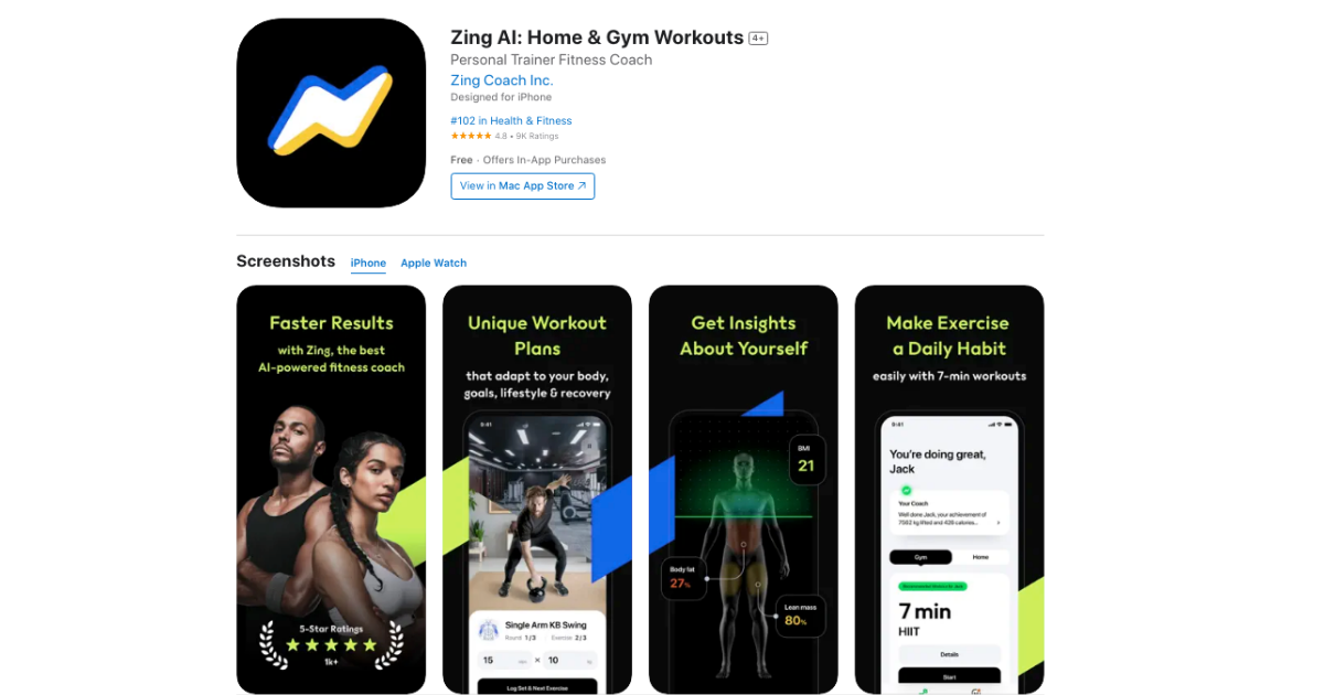 Zing Best AI Fitness app for personal training programmes