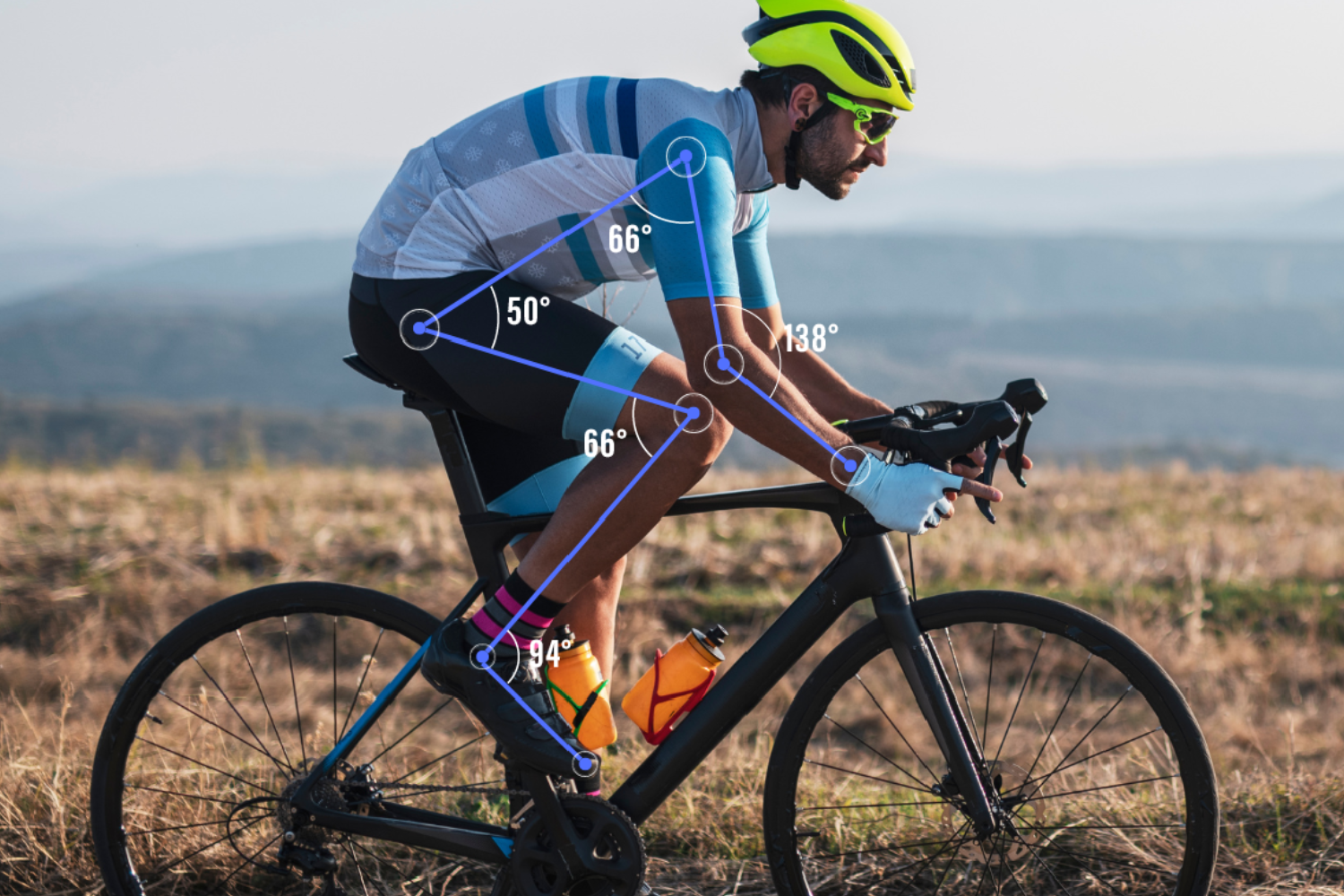 Image shows a cyclist with pose estimation landmarks on his body showing range of motion measurements by his ankles, knees, hip, shoulder, and elbow.