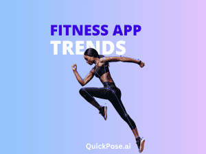 Image shows an athlete running with mediapipe landmarks on her body. Text says Fitness App Trends