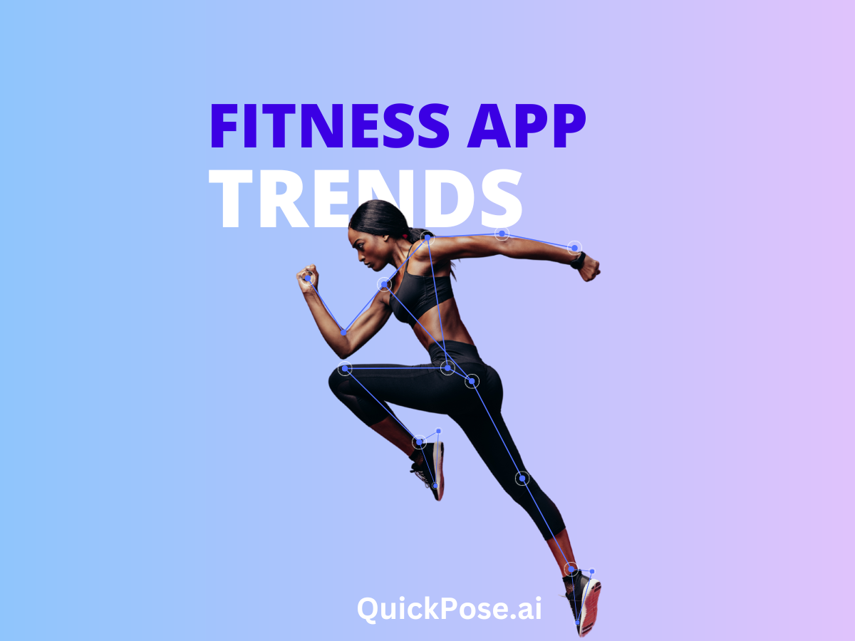 Image shows an athlete running with mediapipe landmarks on her body. Text says Fitness App Trends