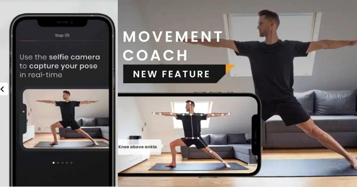Skill Yoga - Best AI Yoga app with real time feedback. Image shows movement coach with a person doing warrior yoga pose with AI Landmarks on their body. 