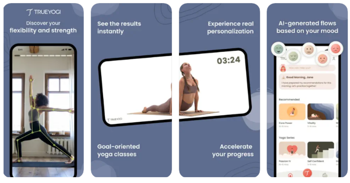 TrueYogi - image shows a person doing yoga pose in an AI powered app. 