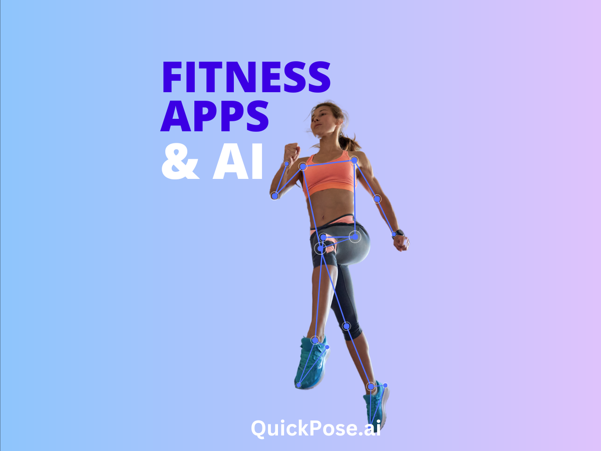 Text is Fitness Apps & AI. Image shows an athlete jumping with Pose Estimation landmarks on her joints using computer vision.