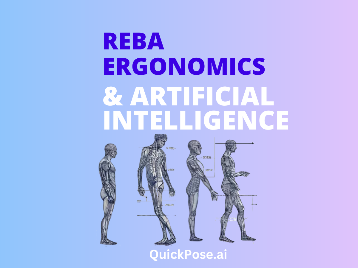title: REBA Ergonomics & Artificial Intelligence. Schematic Images of people in 4 poses included in the Rapid Entire Body Assessment: torso twist and elbows bent at various angles.