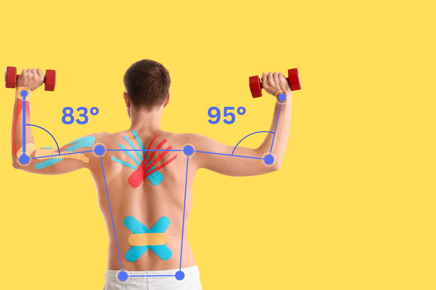 Image shows a man doing physiotherapy exercises, with pose estimation landmarks on his arms and shoulders measuring Range of Motion using AI.