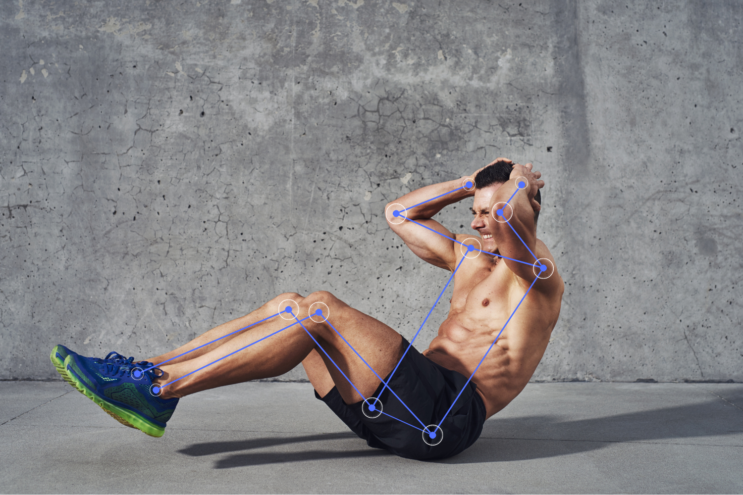 Image shows a man doing sit ups, with MediaPipe landmarks on his joints, detected using AI.